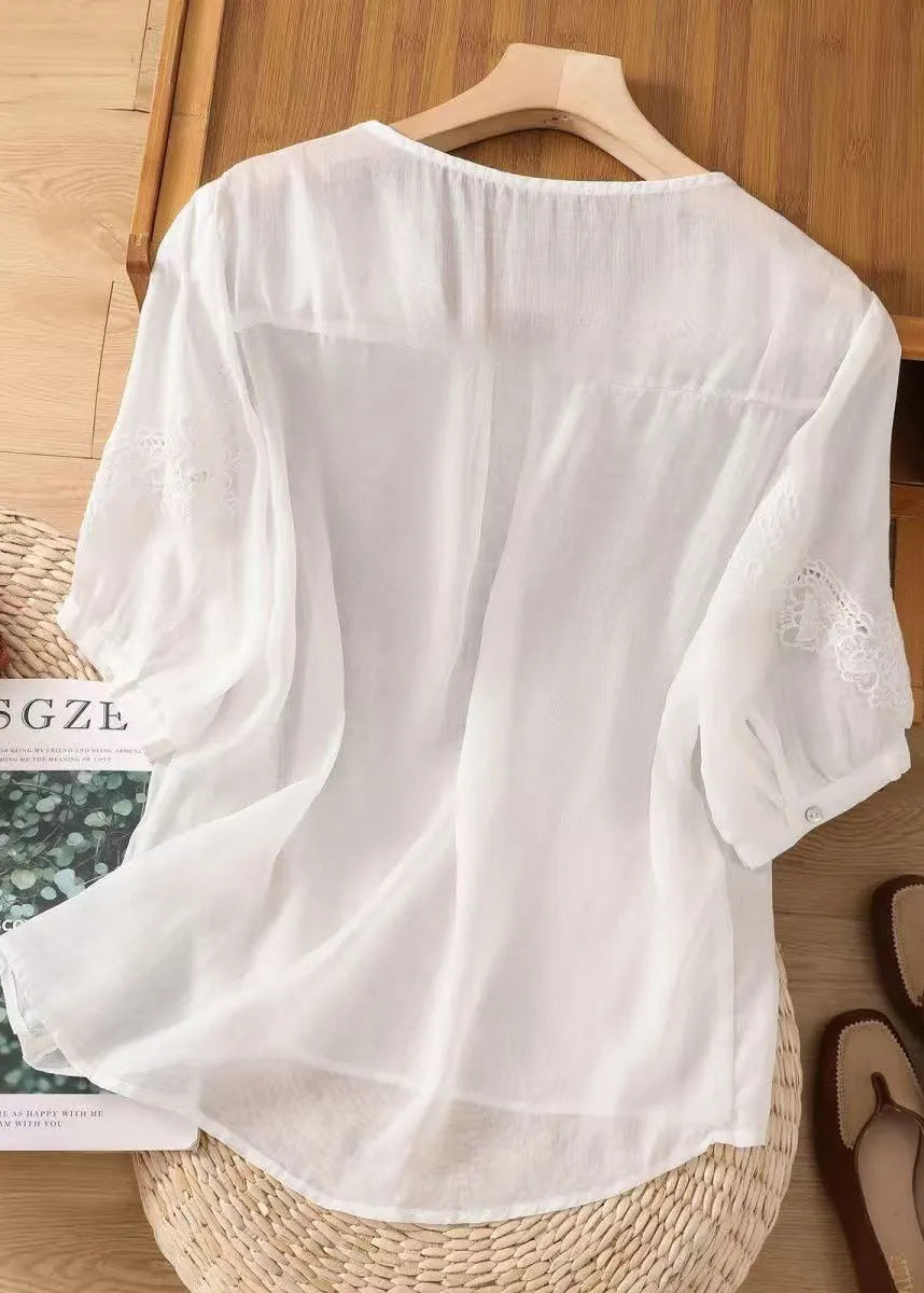 Simple White V Neck Embroidered Cotton Tops Summer