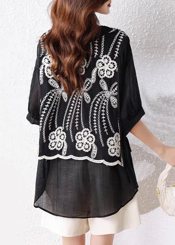 Loose Black False Two Pieces Lace Up Cotton T Shirts Half Sleeve