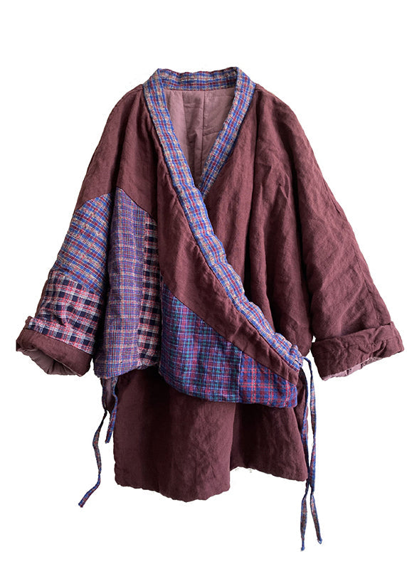 Purple V Neck Lace Up Patchwork Fine Cotton Filled Coats Winter