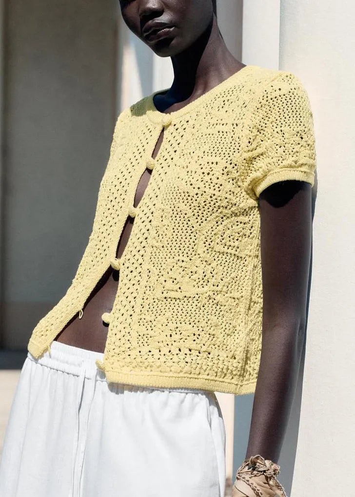 Yellow Button Hollow Out Knit T Shirt Summer