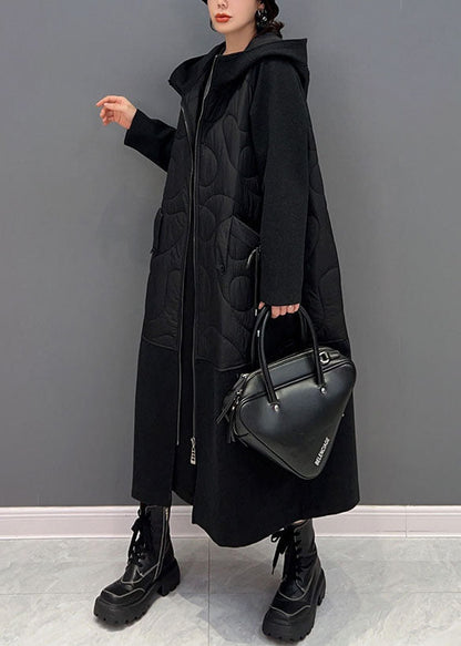 Black Hooded Pockets Patchwork Fine Cotton Filled Witner Coats