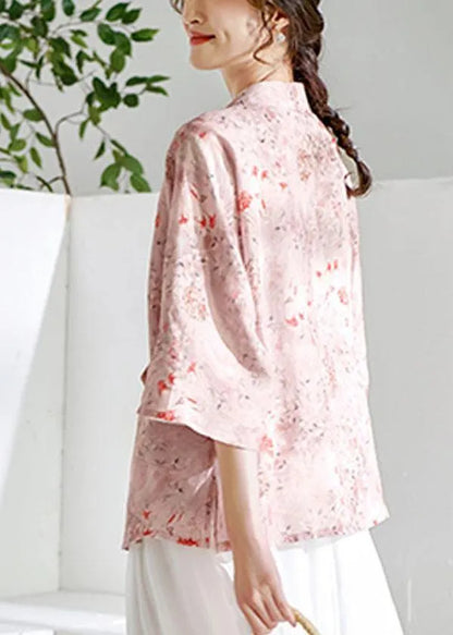 Pink V Necktie Waist Print Summer Ramie Blouses