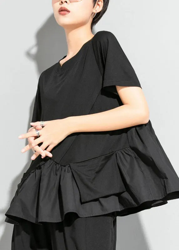Modern Black O-neck Cinched Patchwork Pockets T Shirt Short Sleeve