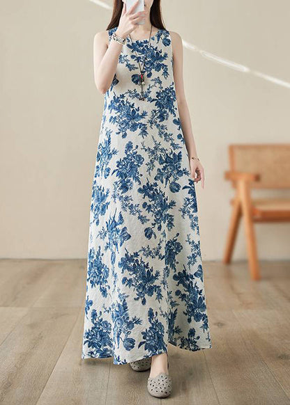 Blue O-neck Print Long Dress Summer