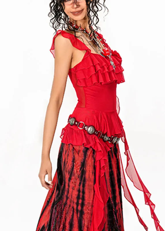 Red Asymmetrical Rose Tulle Tops Summer