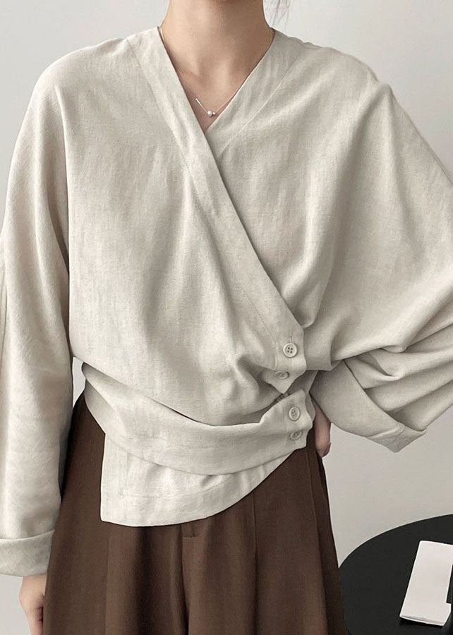 Apricot V Neck Asymmetrical Cozy Top Long Sleeve Spring