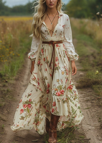 V Neck Print Long Sleeve Pastoral Dress Fall