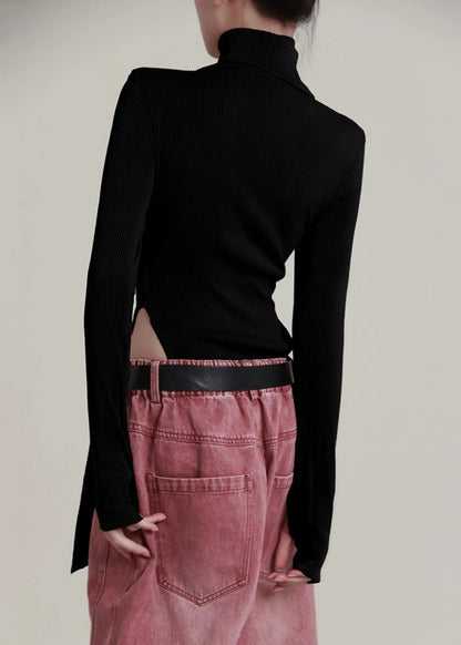 Black U Neck Hollow Out Knit Jumpsuit Long Sleeve