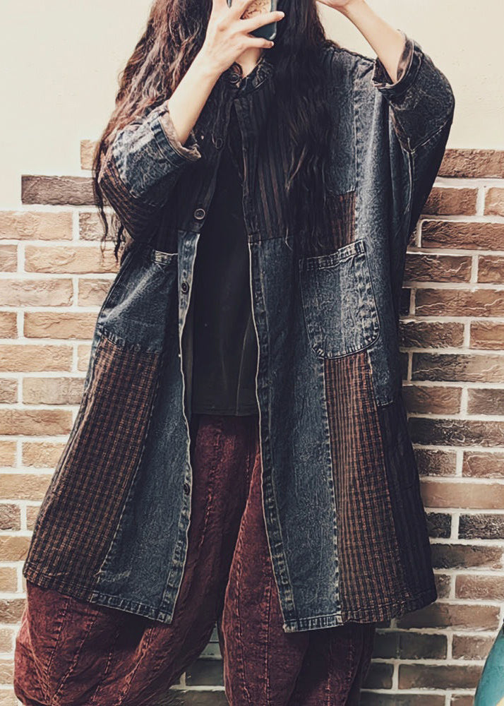 Colorblock Button Pockets Denim Patchwork Coat Fall