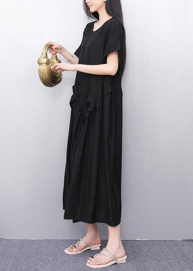 Black O-neck Cotton Long Dress Short Sleeve Summer