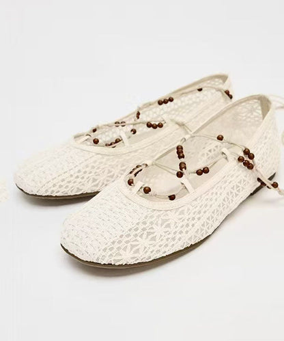 New White Knit Fabric Lace Up Hollow Out Flat Shoes
