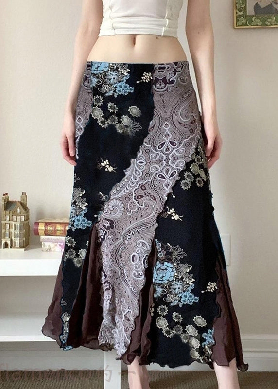 Black Print Patchwork Cotton Skirts Summer