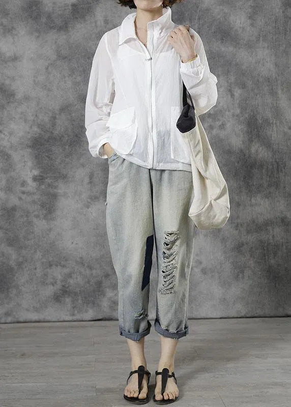 Italian White Loose Pockets Fall Tops Long Sleeve