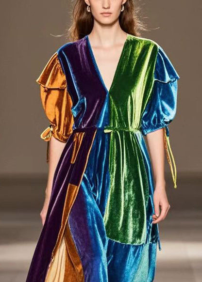 Original Design Puff Sleeve Patchwork Silk Velour Vacation Dresses Fall