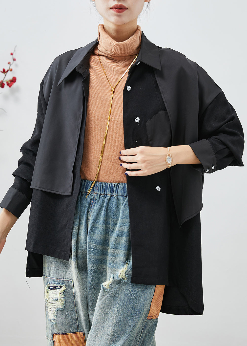Black Asymmetrical Patchwork Back Open Cotton Jackets Fall