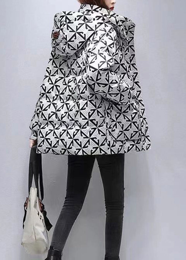 Black Hooded Print Fine Cotton Filled Coats Winter