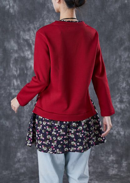 Red Print Patchwork Warm Fleece Blouses Winter