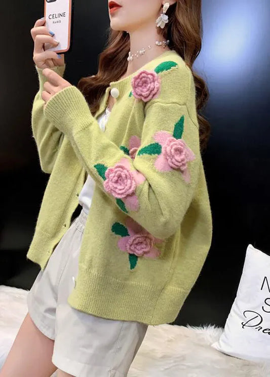 French Yellow O Neck Button Knit Loose Coat Spring