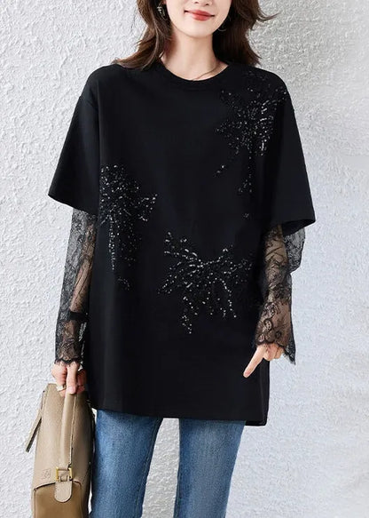 Loose Black Sequins Lace Patchwork Cotton T Shirts Fall