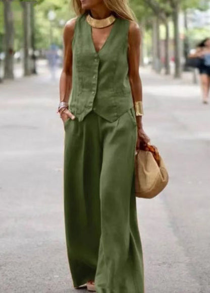 Loose Green V Neck Button Waistcoat and Pants Linen Two Piece Set Sleeveless