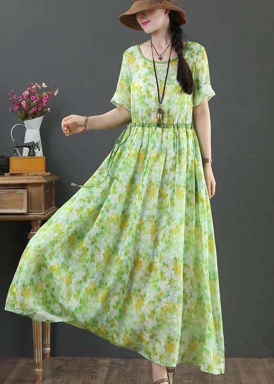 Green Print Linen Tie Waist Summer Dress