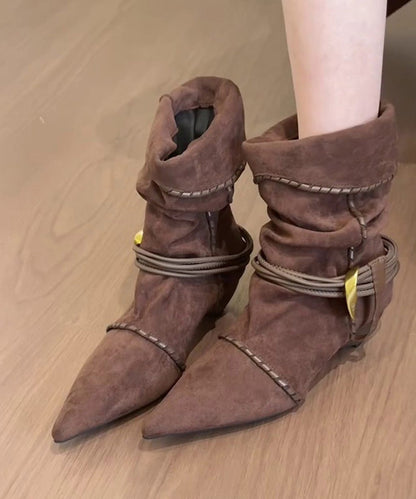 Splicing Chunky Boots Apricot Suede Wrinkled Pointed Toe
