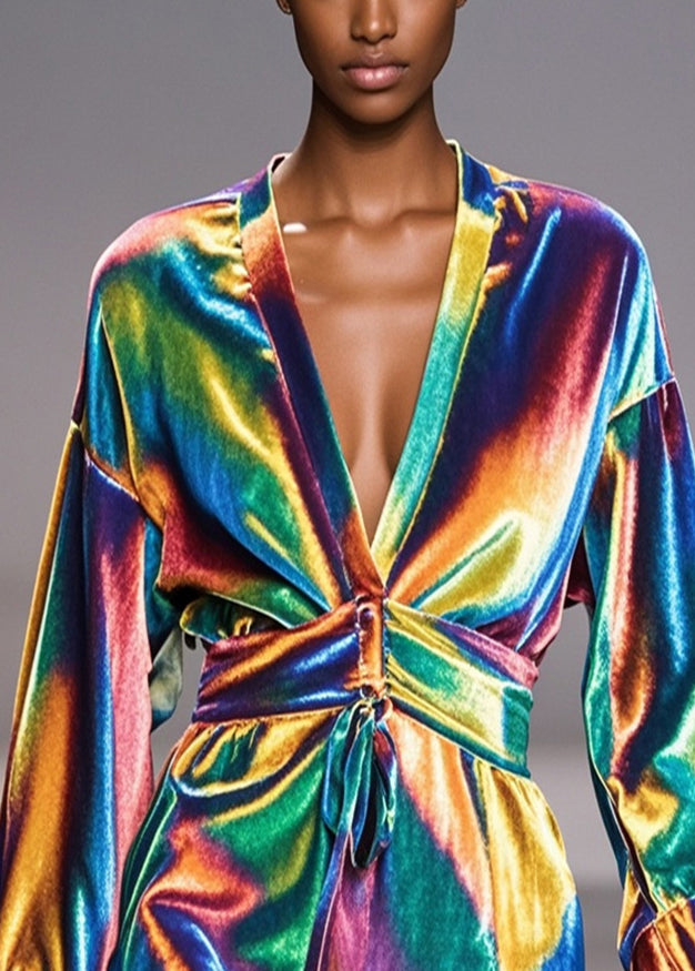 Simple Gradient Color V Neck Silm Fit Silk Velour Robe Dresses Fall