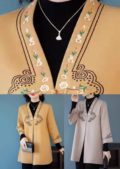 Yellow V Neck Pockets Woolen Coats Three Quarter Sleeve