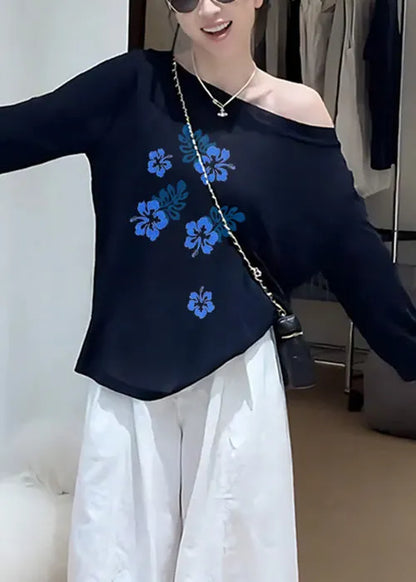 Simple Navy Cold Shoulder Print Cotton T Shirts Fall