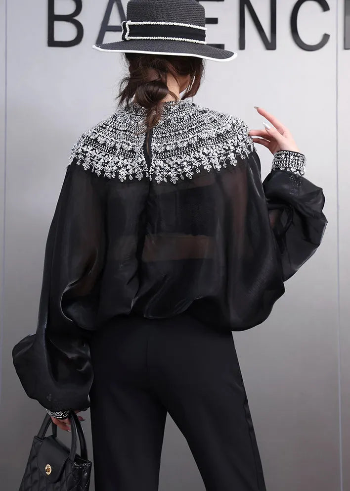 French Black Oversized Ice Silk Shirt Top Batwing Sleeve