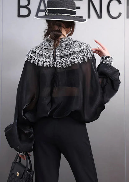 French Black Oversized Ice Silk Shirt Top Batwing Sleeve
