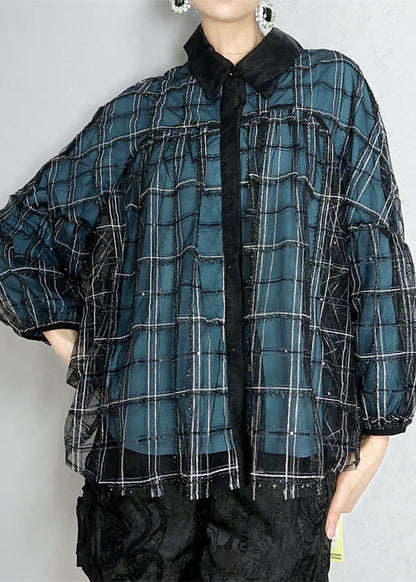 Blue Peter Pan Collar Plaid Button Tulle Shirts Spring
