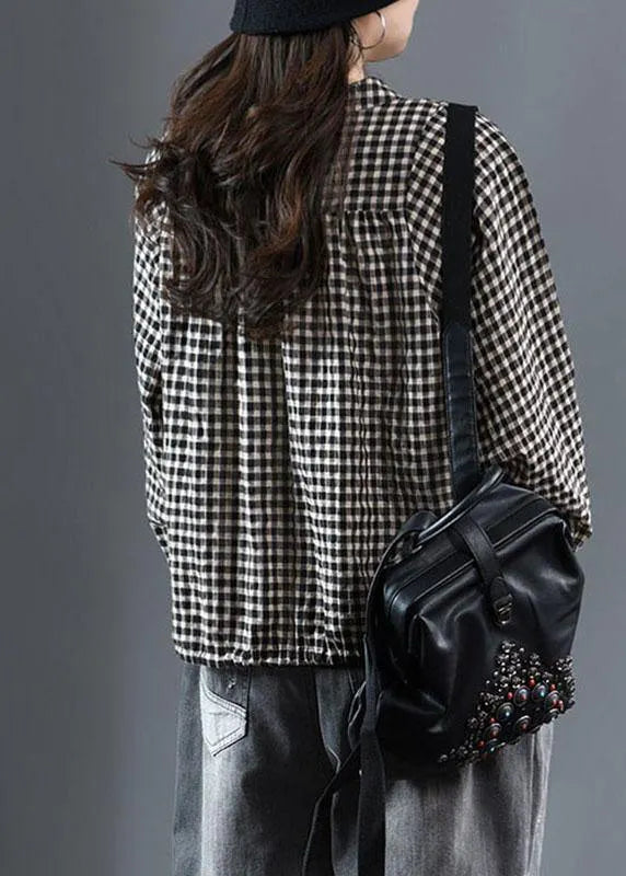 Black O-neck Plaid Fall Long Sleeve Trench