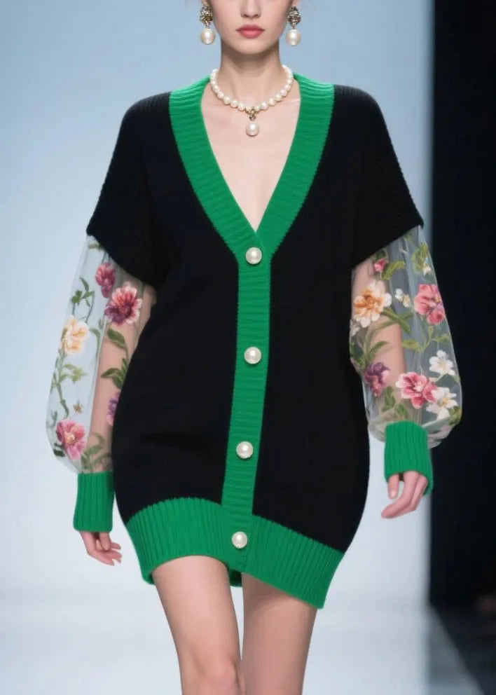 Black Print Patchwork Tulle Knitwear Dress Fall