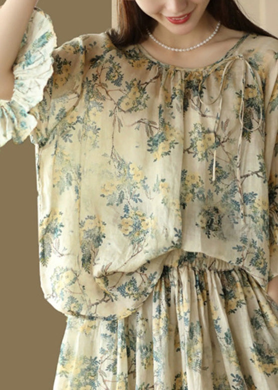 O-neck Print Tie Waist Ramie Shirts Flare Sleeve