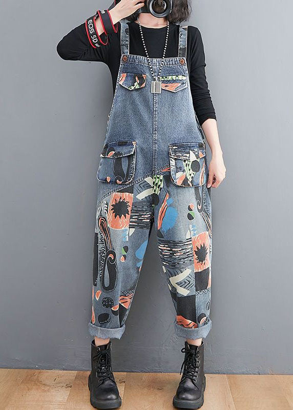 Diy Blue Pockets Print Patchwork Denim Jumpsuit Spring