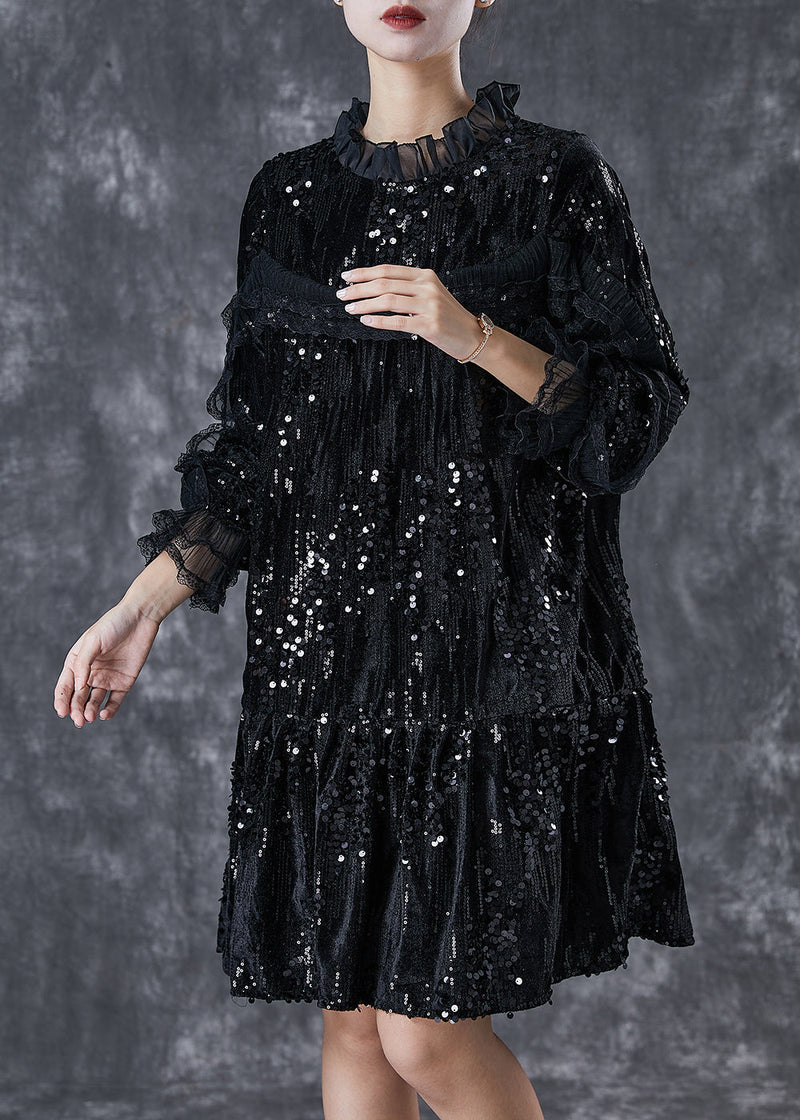 Black Sequins Patchwork Velour Mid Dresses Spring