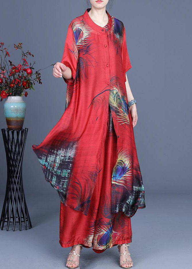 Summer Loose Silk Red Print Coat + Two Piece Pants