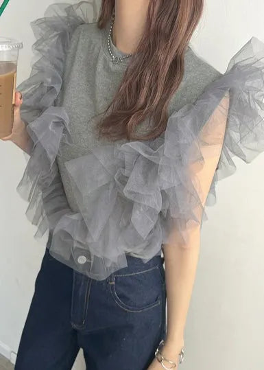 Grey O-neck Patchwork Tulle Vest Tops Summer