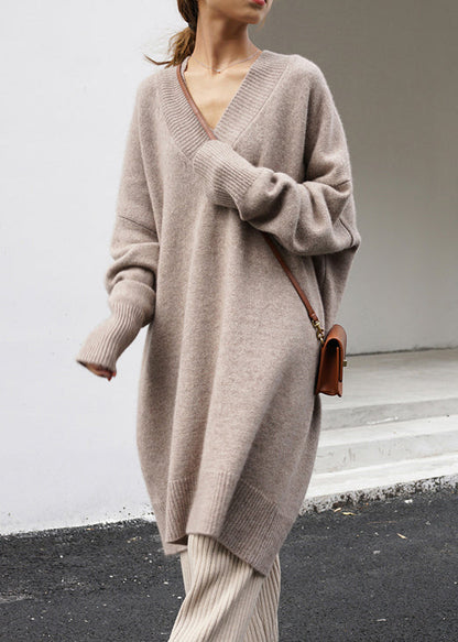 Khaki V Neck Oversized Knit Sweater Dress Spring
