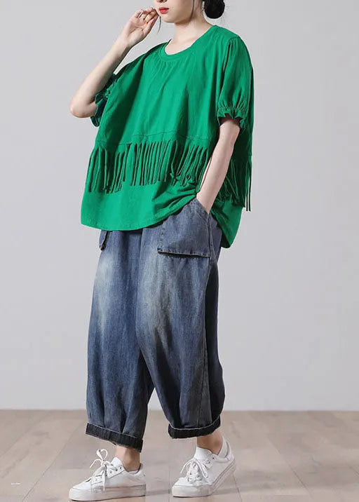 Green O-neck Patchwork Cotton Tank Tops Short Sleeve