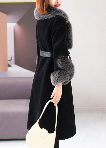 Black V Neck Tie Waist Fuzzy Fur Long Coat Winter
