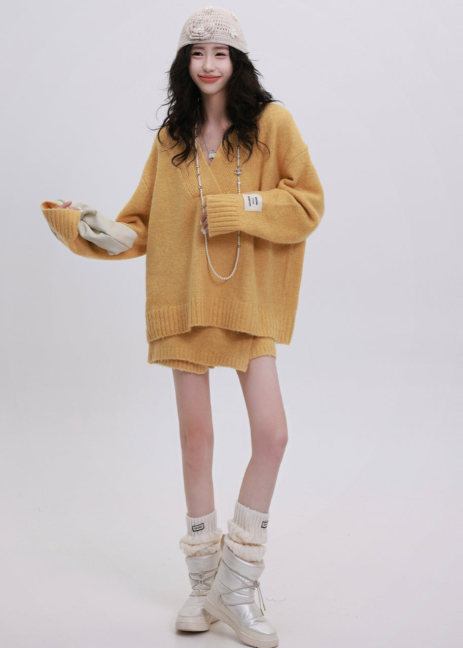 Yellow Cozy Knit Two Piece Set Clothing Asymmetrical Design Winter