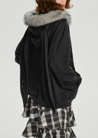 Dark Grey Fur Collar Patchwork Cotton Hooded Coat Spring