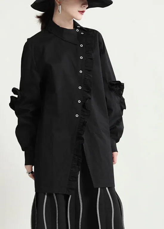 Fitted Black Button Ruffled Asymmetrical Shirt Tops Spring
