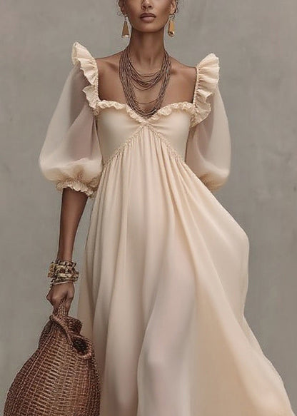 Natural Ruffled Patchwork Party Long Dress Short Sleeve