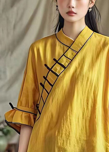 Yellow V Neck Cotton Blouses Half Sleeve