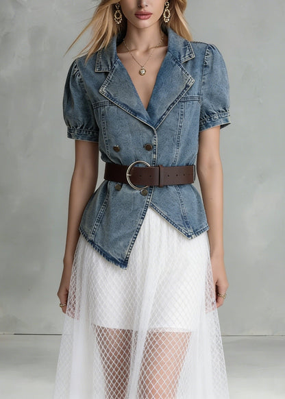 Blue Notched Asymmetrical Design Denim Shirts Summer
