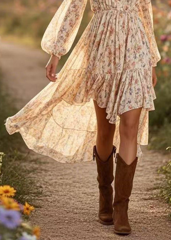 Diy Apricot Print Wrinkled Party Chiffon Maxi Dress Spring