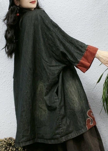 Black Embroidered Button Cotton Coat Bracelet Sleeve